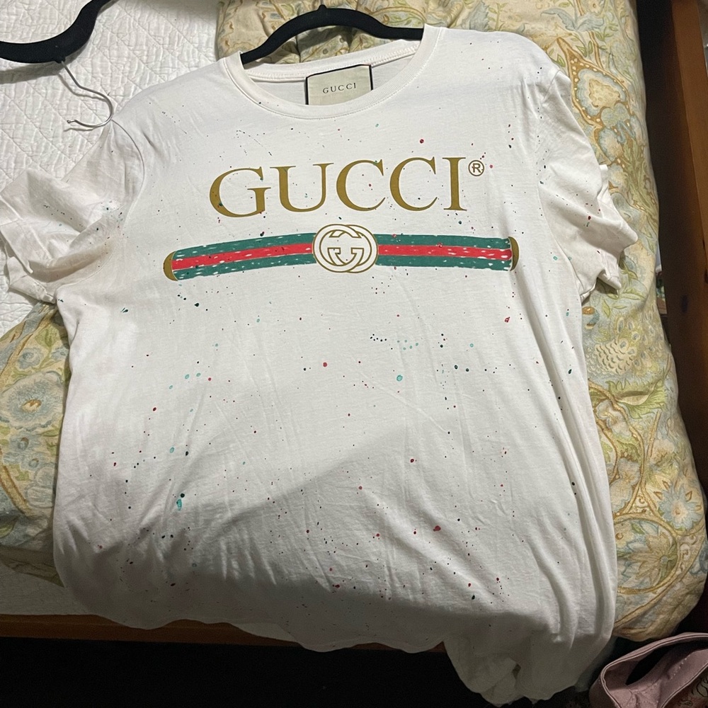 Gucci White Tee with Gold Logo and Multicolor Accents